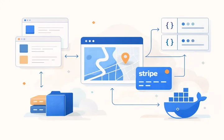 abstraction of an app with docker, stripe, and other technologies