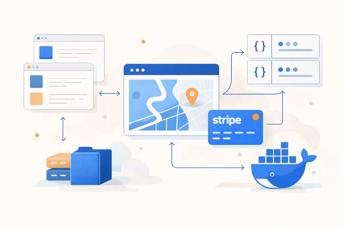 abstraction of an app with docker, stripe, and other technologies
