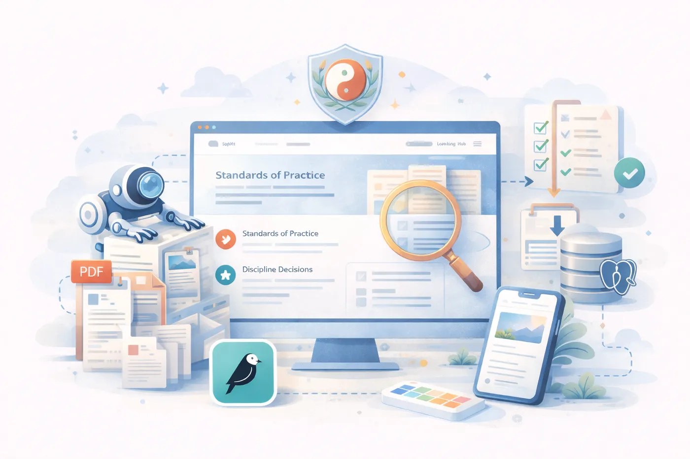 A monitor displaying a website with Standards of Practice content surrounded by symbols of the technologies used in the project: Wagtail, PostgreSQL, and more.