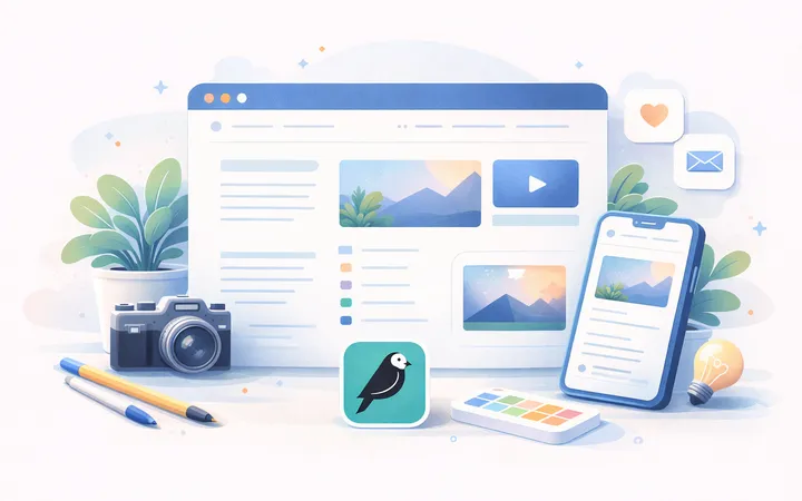 desktop and mobile screens showing a website, a camera, and a wagtail bird tile icon