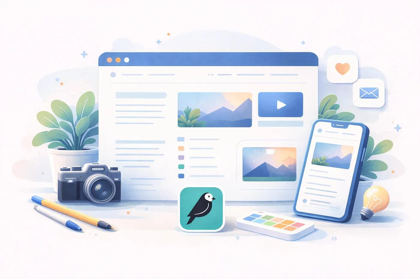 desktop and mobile screens showing a website, a camera, and a wagtail bird tile icon