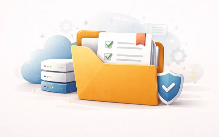 database symbol next to a folder with papers with checkmarks