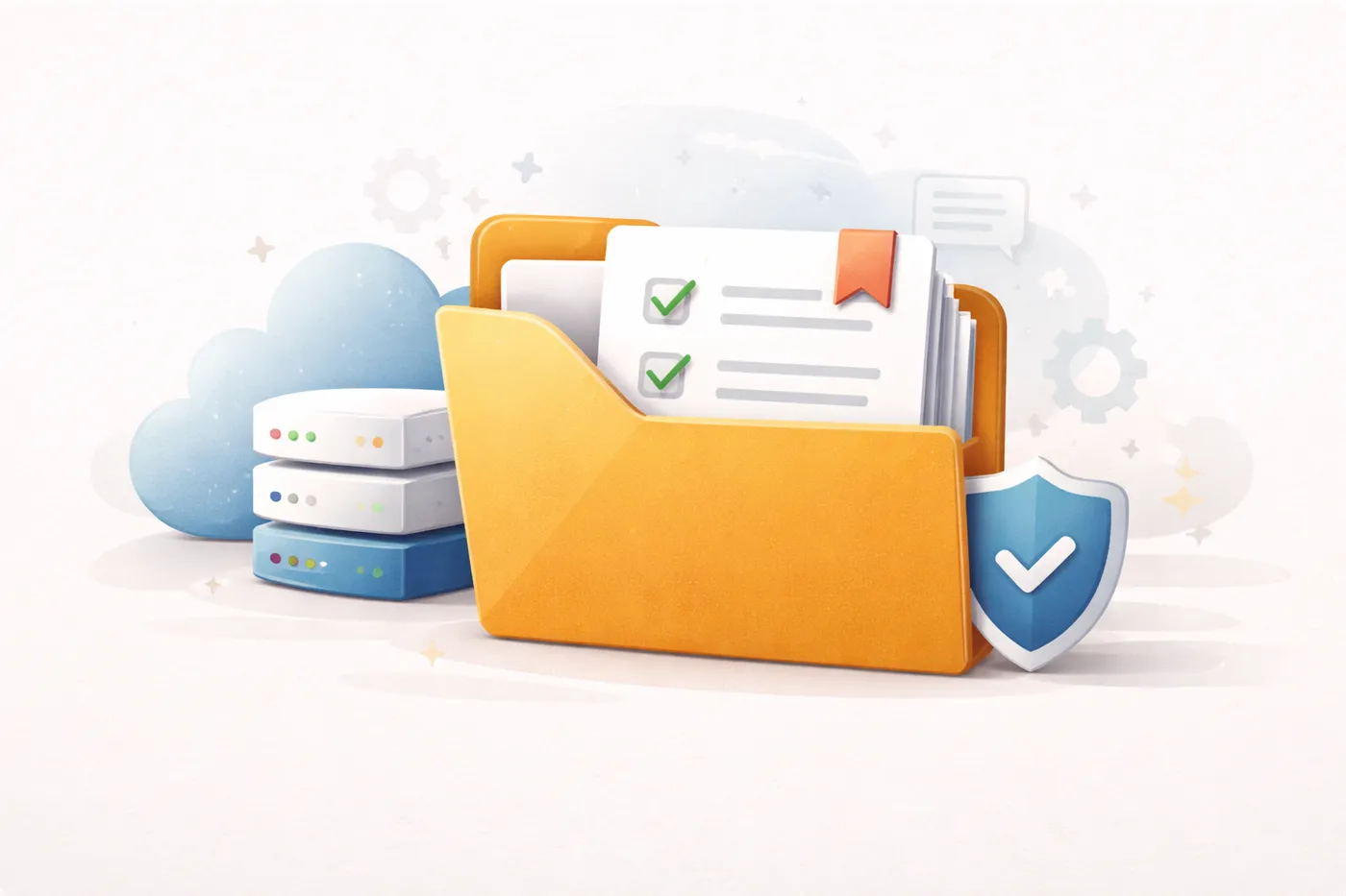 database symbol next to a folder with papers with checkmarks