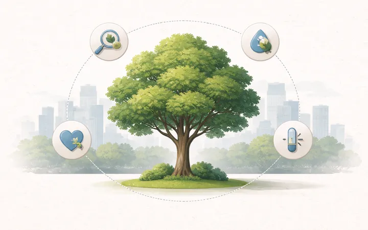 a tree surrounded by metrics and data