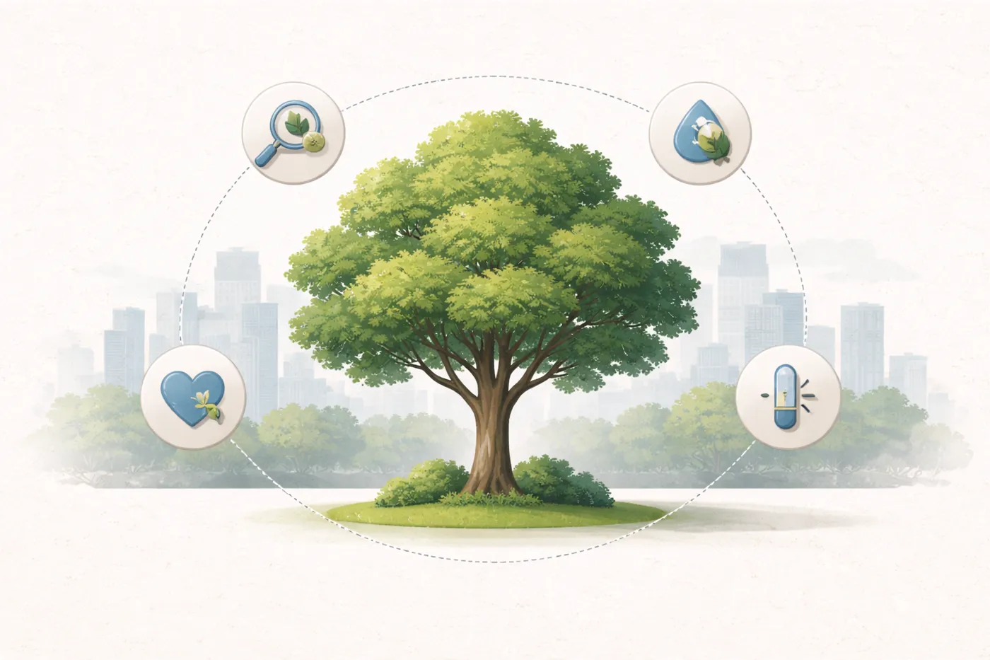 a tree surrounded by metrics and data