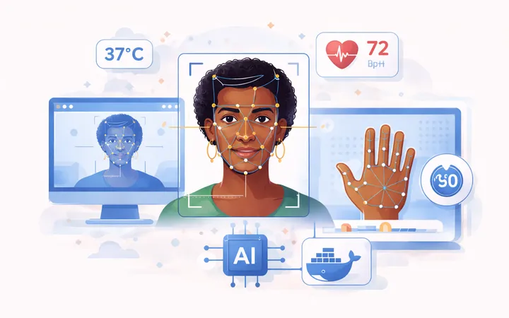 screens showing a face and a hand with computer vision points surrounded by vital signs