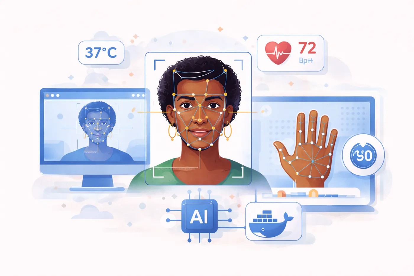 screens showing a face and a hand with computer vision points surrounded by vital signs